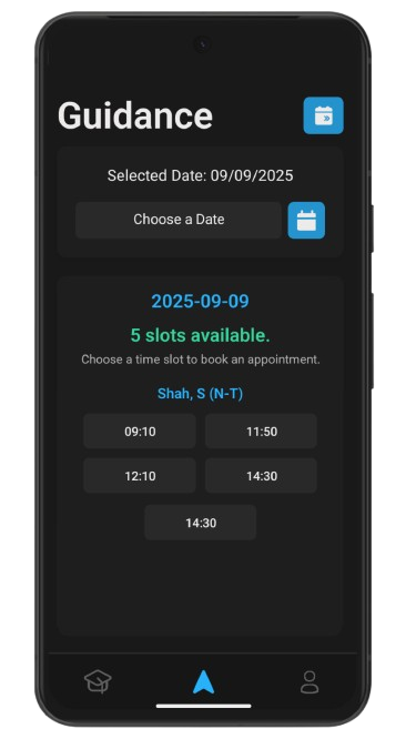 TeachAssist app appointment booking interface showing available time slots for guidance meetings