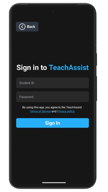 TeachAssist app privacy screen emphasizing local data processing and device-only access